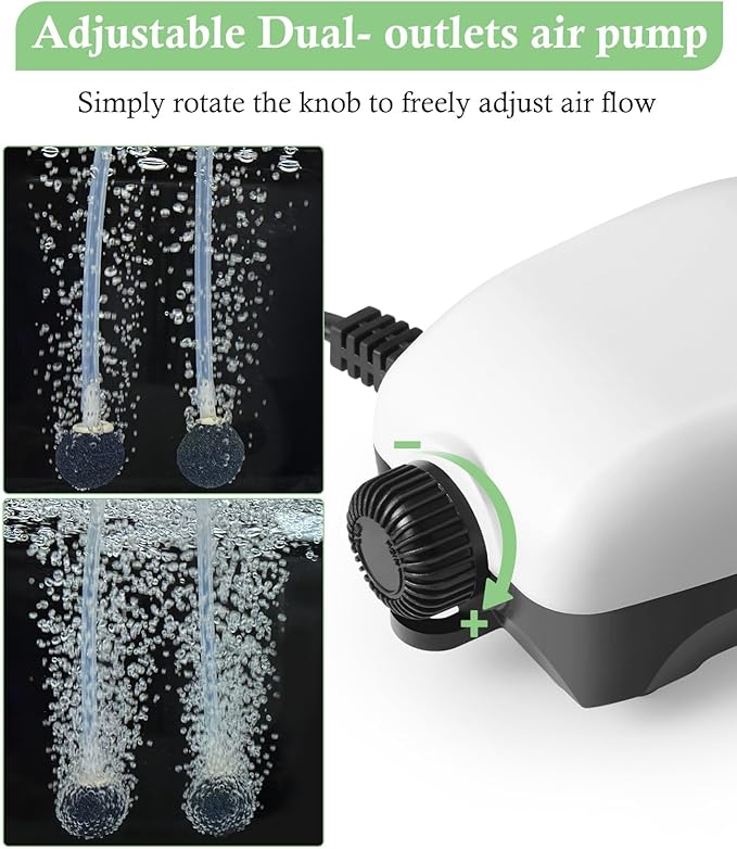 HITOP 2W Nano Whisper Aquarium Air Pump, 57GPH Adjustable Dual Outlet Fish Tank Oxygen Pump, Aquarium Aerator for 1-50 Gallon Fish Tanks