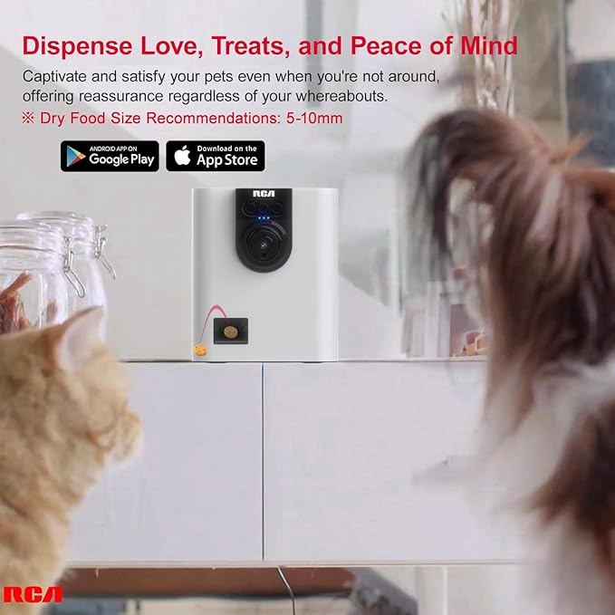 RCA Dog & Cat Smart Camera Treat Dispenser, WiFi-Enabled, 1080p HD Camera, Two-Way Audio, App Control, Compatible with Alexa & Google Assistant – for Small Treats & Kibble