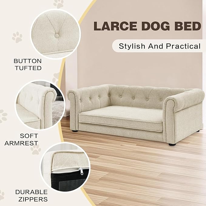 Dog Sofa Couch for Medium to Large Dogs, Memory Foam Dog Couch with Washable Fabric, Removable Cushion, Sofa Bed for Medium and Large Dogs, Beige