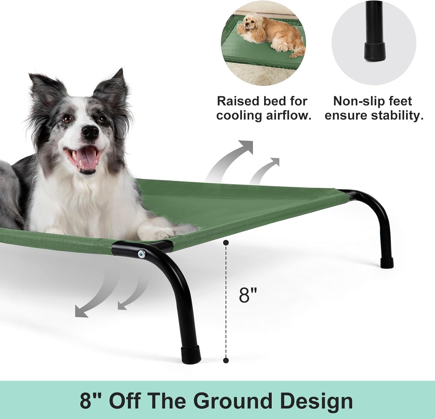 Cooling Elevated Dog Bed with Non-Slip Floor Protectors & Breathable Mesh, Raised Indoor & Outdoor Dog Cot Hammock, 41" L x 32" W x 8" Th, Medium, Green