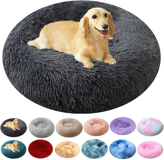 Dog Bed & Cat Bed for Small Medium Dogs, 27 Inch Calming Dogs Bed Anti-Anxiety Machine Washable Fluffy Luxury Anti-Slip Waterproof Pet Puppy Round Bed (Dark Grey)