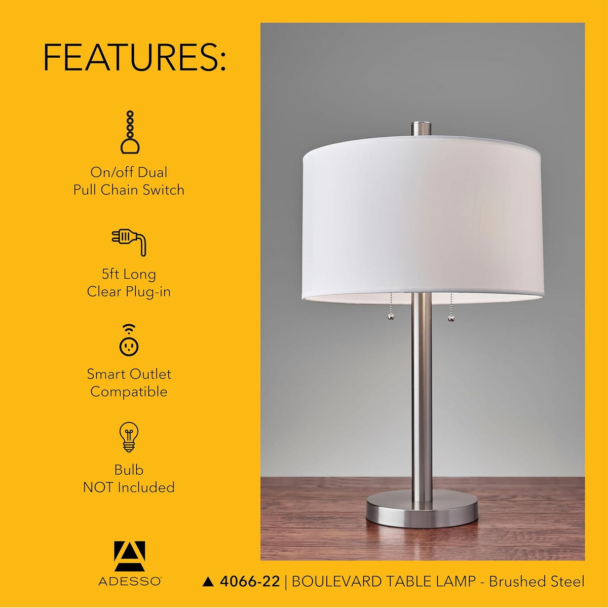 Adesso 2-Light Table Lamp, Brushed Steel & White, Dual Pull Chains, 28”