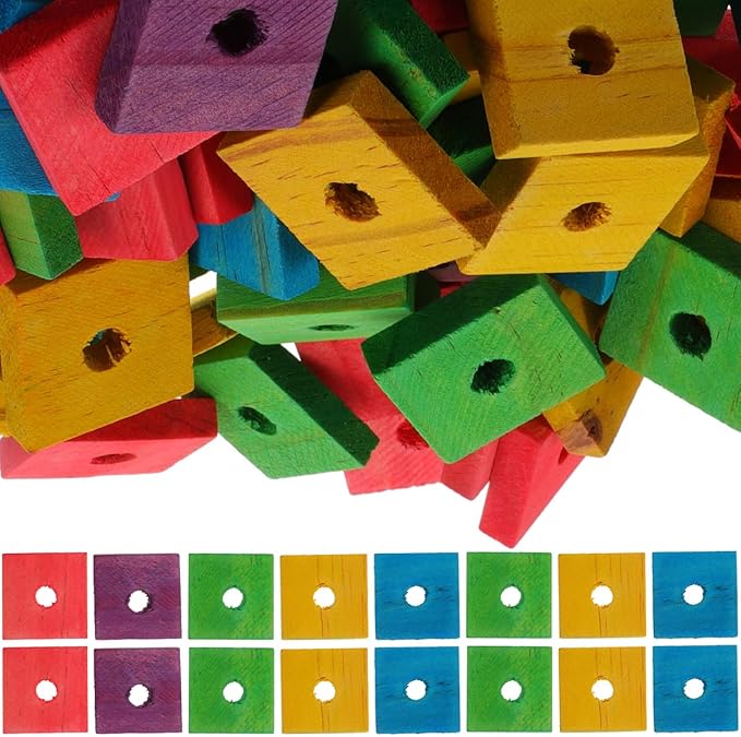 NOLITOY 100Pcs Wooden Parrot Chewing Toy Blocks with Hole Bird Bite Toy for Cockatiels Parakeets Macaws African Grey DIY Wood Chip Design for Pet Entertainment and Skill Development
