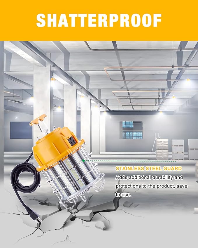 LED Temporary Work Light 60W, LED Construction Lights 7,200lm 5000K Daylight, Stainless Steel Guard Portable Hanging Work Lighting Workshop Jobsite Light Outdoor