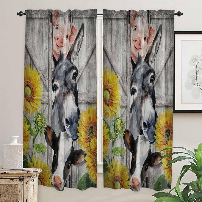 Farmhouse Living Room Curtains 72 Inches length, Vintage Sunflowers Animals