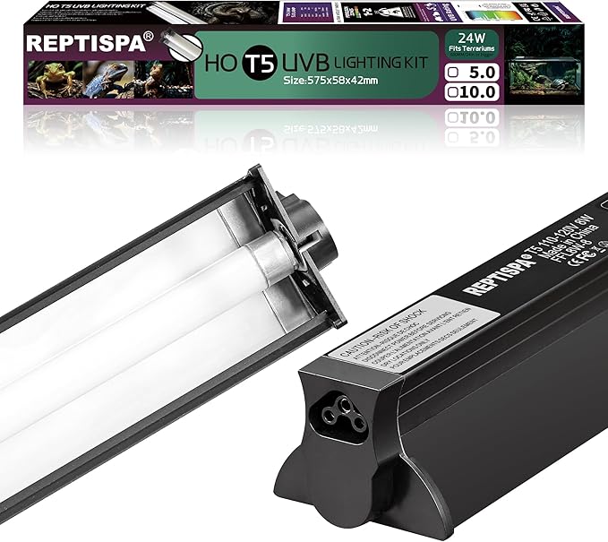 T5 HO UVB Lighting Combo Kit, 24W Reptile Light Fixture with Fluorescent Light Bulbs, Tropical 5.0 UVB Light for Reptiles and Amphibians, Basking Light for Bearded Dragon, High Output Natural Light
