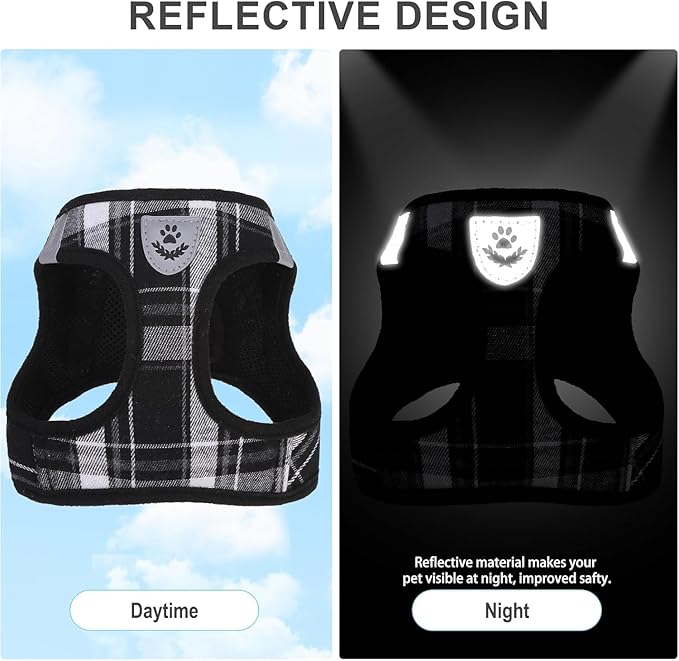 EXPAWLORER Classic Plaid Puppy Harness - Dog Collar and Leash - Soft Mesh Padded Adjustable Step in Small Dog Vest Harness No Pull, Reflective Escape Proof for Outdoor Walking, Black XXS
