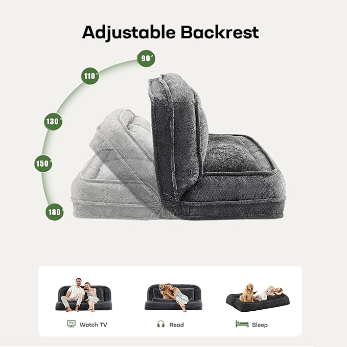 Double Human Dog Bed for Adult and Kids, Comfy Foldable Lazy Floor Loveseat Sofa Bed with 5 Adjustable Position, Upholstered Floor Bean Bag Lounger Chair for Bedroom, Living Room,Office (Dark Gray.)