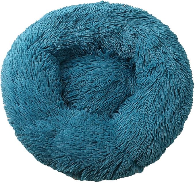 Calming Faux Fur Dog Beds Calming Donut Cuddler Dog Bed Washable Round Cat Bed Pillow Cuddler Fluffy Indoor Dog Calming Beds with Anti Slip Bottom Solid Color Cyan 43 Inch