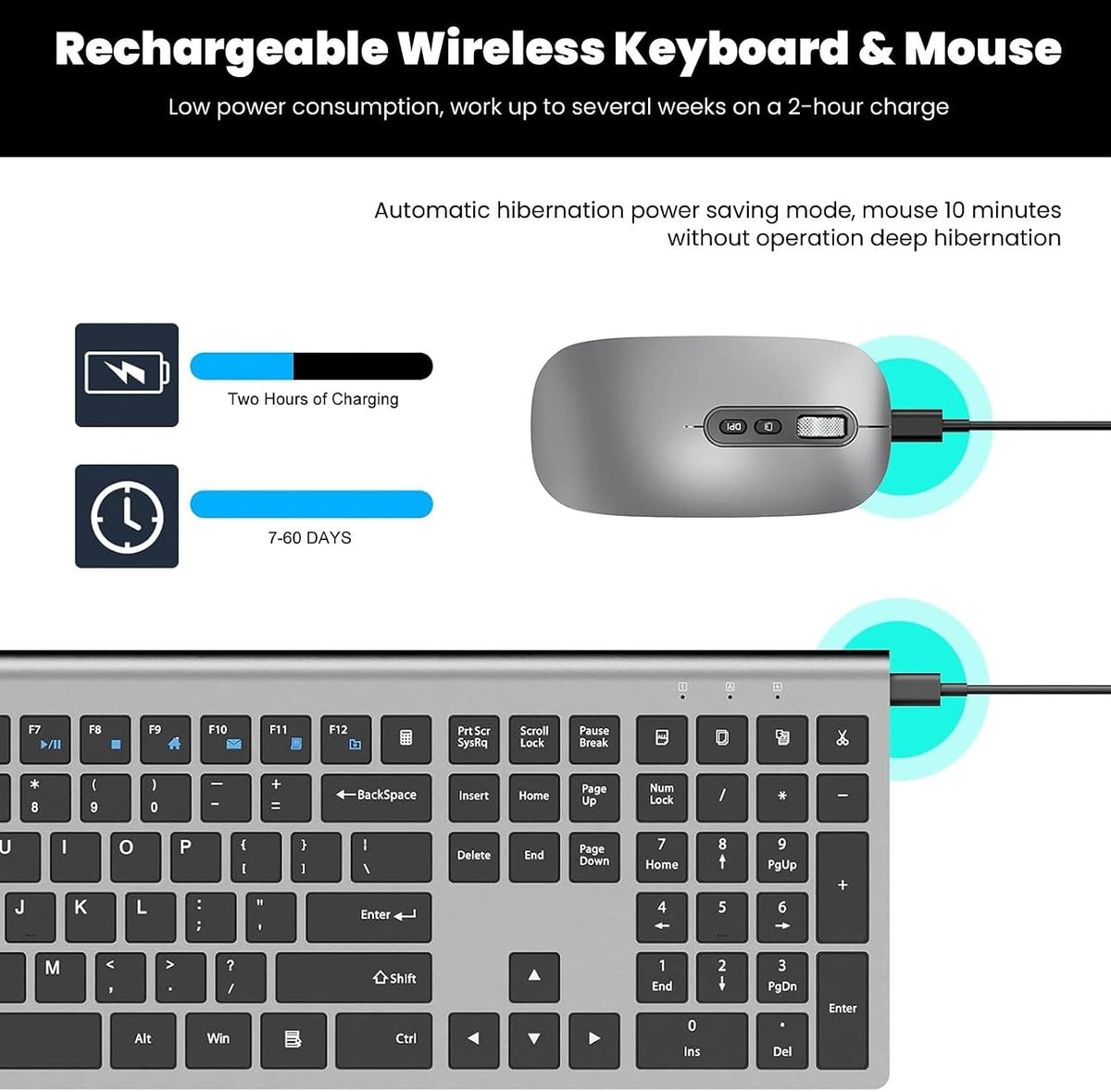 cimetech Rechargeable Full Size Wireless Keyboard and Mouse Combo - Grey