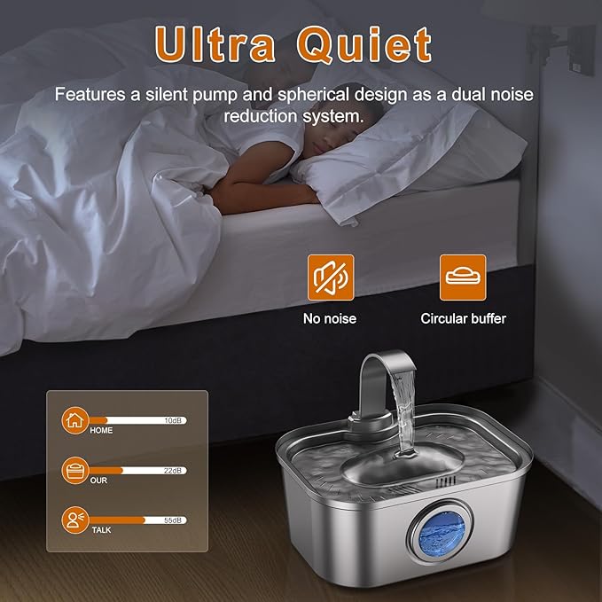 Bobo&Dragon 3.5L/124oz Stainless Steel Cat Water Fountain - Ultra-Quiet Automatic Pet Water Dispenser for Dogs & Cats, 6-Stage Filter, Smart Window & Anti-Dry Burn Pump (Includes 2+2 Filters)