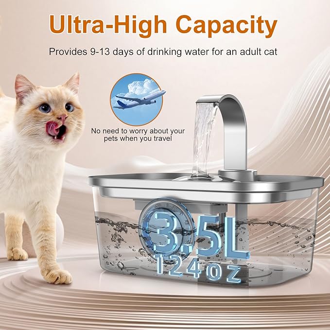 Bobo&Dragon Stainless Steel Cat Water Fountain 124oz/3.5L, Ultra Quiet Automatic Pet Water Dispenser for Multiple Cats & Dogs, 6-Layer Filtration, Smart Window, Built-in 8+8 Replacement Filters