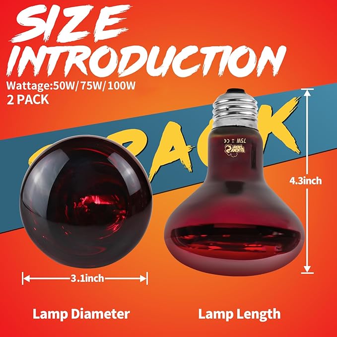 LUCKY HERP Infrared Heat Lamp 75W 2 Pack，Reptile & Amphibian Basking Spot Light Bulbs, Red Heat Lamp Bulbs for Reptiles, Bearded Dragon, Turtle, Lizard, Snake, Chicken