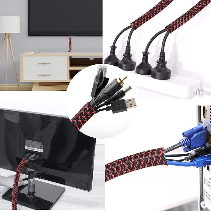 CrocSee 10ft - 1/2 inch Braided Cable Management Sleeve Cord Protector - Self-Wrapping Split Wire Loom for TV/Computer/Home Theater/Engine Bay - Black/Red