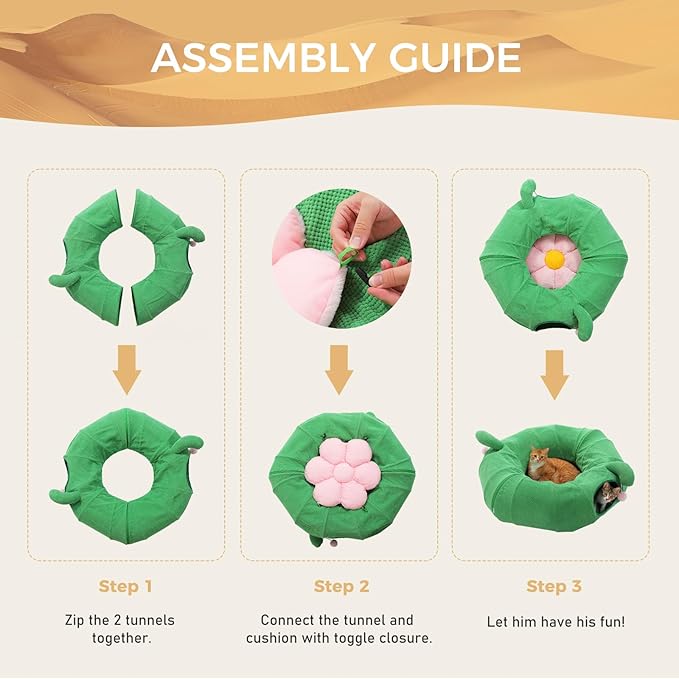 PEQULTI Cat Tunnel with Bed for Indoor Cats, Cat Play Donut Tunnel with Washable Soft Plush Flower Mat, Round Tube Toys Cute Tube for Kittens, Puppies, Rabbits and Ferrets, Green&Pink