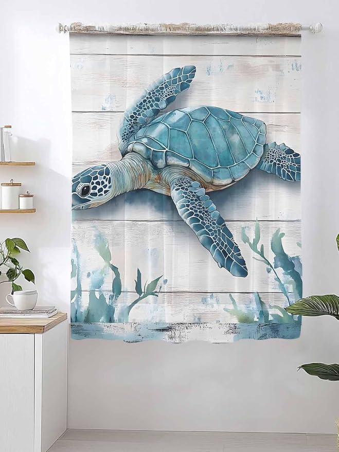 Sheer Curtains 63 Inch Length, Teal Green Sea Turtle Semi Sheer Curtains Light