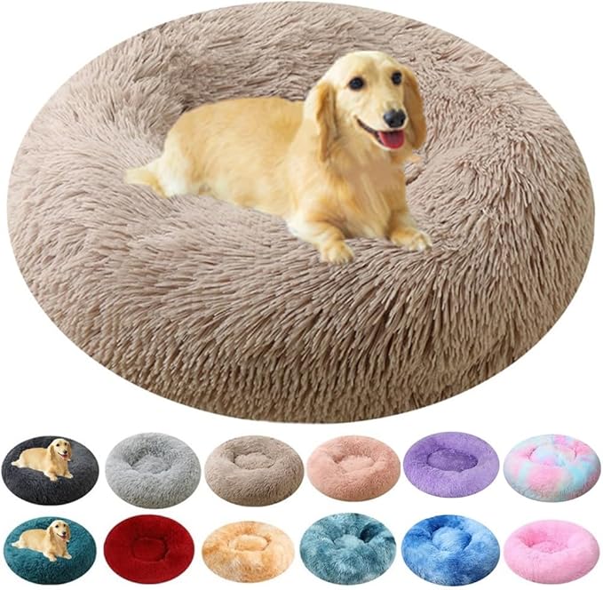 Donut Dog Bed Small Cat Bed, 20 Inch Round Fluffy Dog Beds for Small Dogs and Cats, Anti-Anxiety Donut Dogs Cuddler Bed, Washable Pet Bed for Medium Cats (Khaki)
