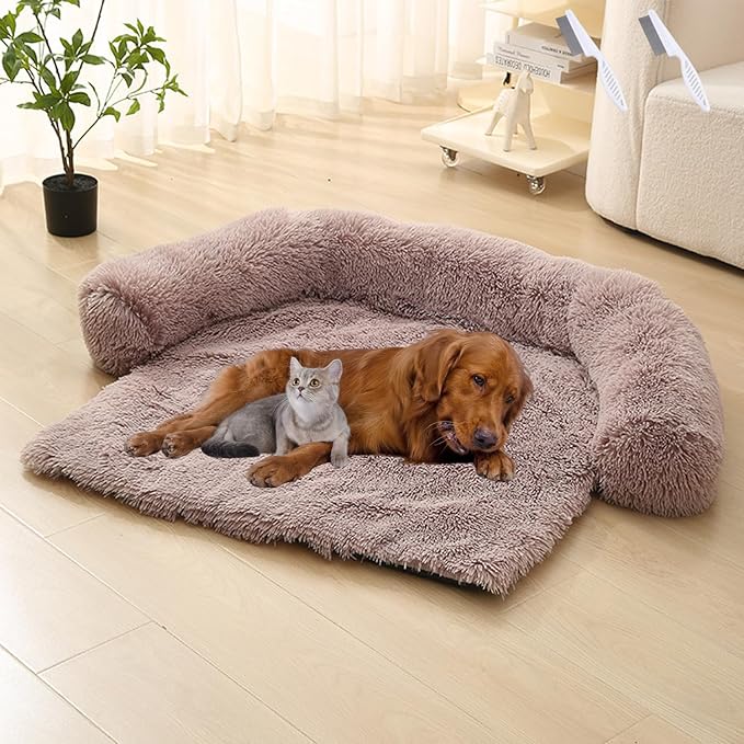 Dream Cloud Pet Sofa Bed for Dogs Cats, 2026 Washable Removable Calming Fluffy Plush Mat for Furniture Protector, Long Fur Non-Slip, for Small/Medium/Large Home Pets (Khaki, XL: 47.2 * 37.4IN)