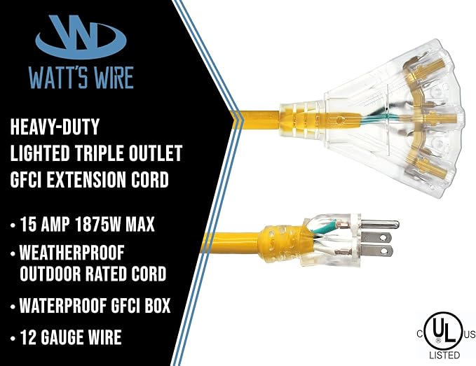6 ft GFCI Extension Cord - Outdoor Extension Cord Waterproof - Heavy Duty Outdoor Extension Cords 6 ft with Multiple Outlets - Watts Wire - 6' Grounded - GFI Cord