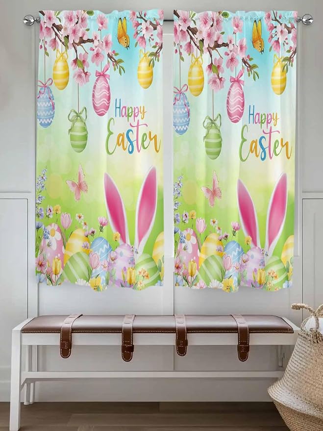 Easter Bedroom Curtains 63 Inches length, Spring Bunny Colorful Rabbit Eggs
