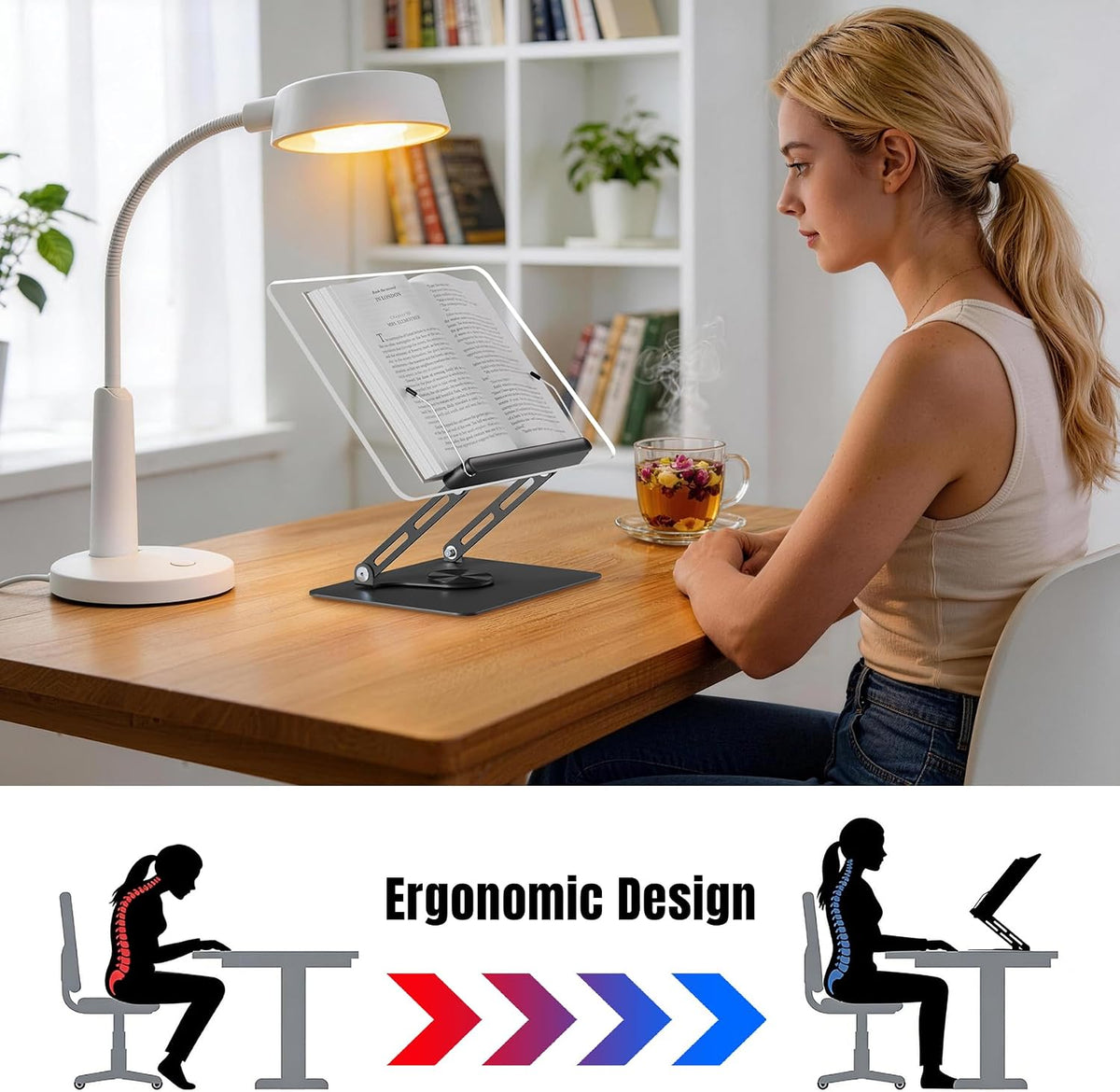 HAUTOCO Adjustable Acrylic Book Stand for Reading, 360° Rotating Base, Foldable Desktop Book Holder with Elastic Page Clips, Hands-Free Cookbook Stand for Laptop, Tablet, Recipe, Textbook, Music Score