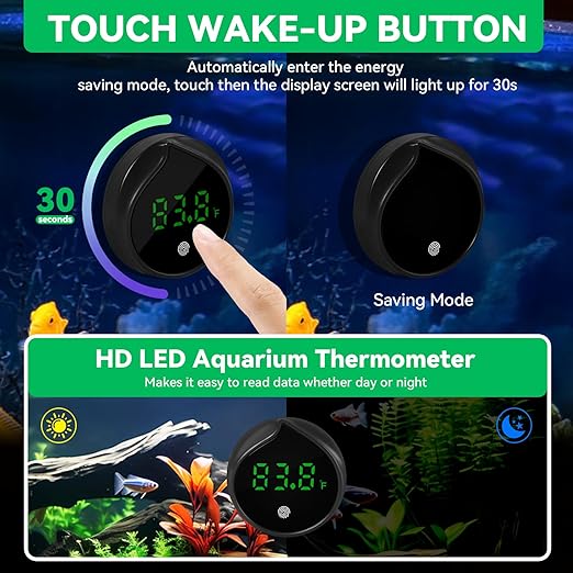 Removable Aquarium Water Thermometer Gauge with Touch Screen Digital Fish Tank Thermometer LED Display ±1℉/℃, Fish Tank Accessories for Betta, Axolotl, Shrimp, Turtle, Reptile and Aquatic (Black)