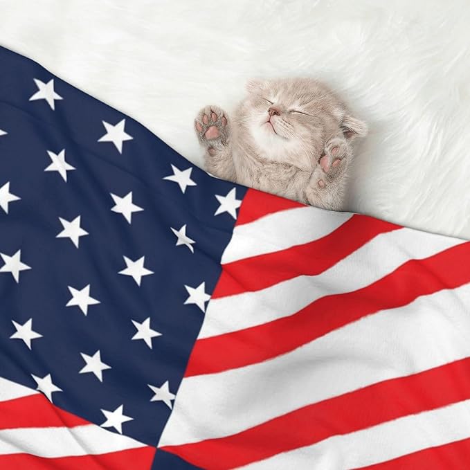 Double Sided Plush Pet Blanket for Small Large Animals, American Flag Plaid Pattern, Reversible Throw with Dimpled Dot Side and Flat Side for Kennels Living Rooms