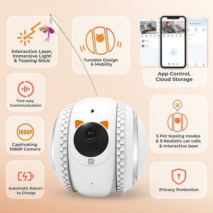 MOONBACK Indoor Cat Camera with Phone APP, 2-Way Audio Move Freely WiFi Wireless Pet Camera Robot for Dogs and Cats, Auto-Recharging, Privacy Protection