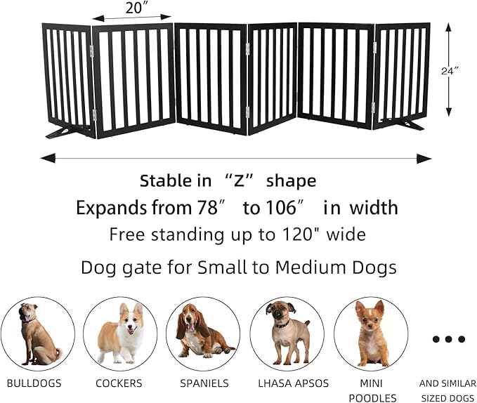 ZJSF Freestanding Indoor Dog Gate for House Foldable Wood Puppy Gate for Doorways Pet Gate for Stairs Extra Wide Pet Fence, Black, 24" Height 6 Panels