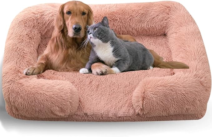 Dog Beds Medium Large Size Dog, Calming Dog Bed with Removable Washable Cover, Waterproof Lining and Nonskid Bottom(Leather Pink,XXL)