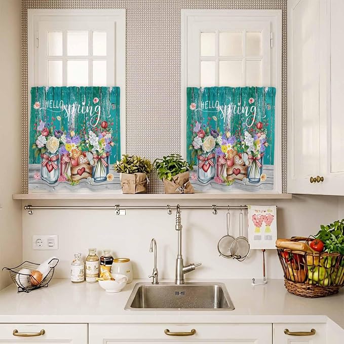 Spring Flowers Kitchen Curtains Set 3 Piece