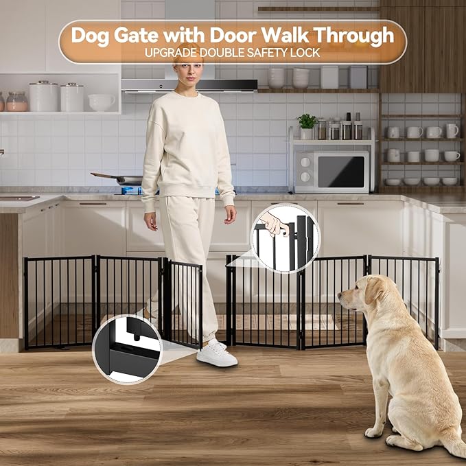 Full Metal Freestanding Dog Gate with Door, 24'' Height Foldable Pet Dog Fence for Indoor & Outdoor, 6 Panels Extra Wide Free Standing SmallDog Gates for Doorways,House,Stairs,Porch,Deck,Yard