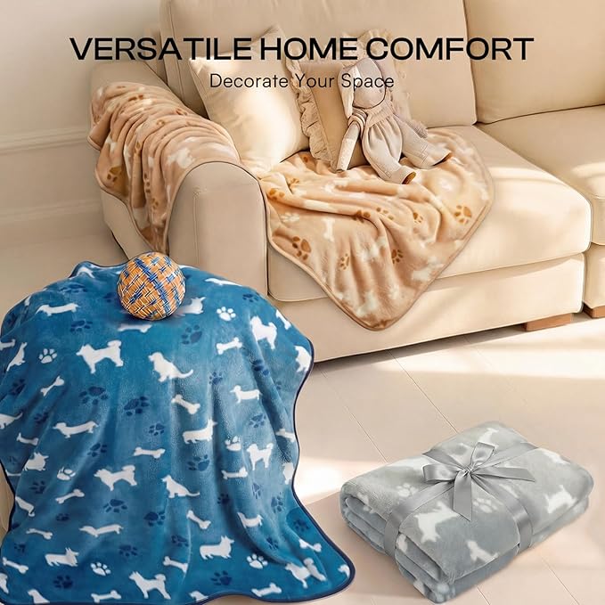 Luciphia 1 Pack 3 Blankets, Cute Dog Printed Fluffy Fleece Pet Blanket for Dogs Cats Washable, Warm Soft Throw Cover for Crate Couch, Gifts Puppy Essentials, Blue/Grey/Khaki, Large (41x31 inch)