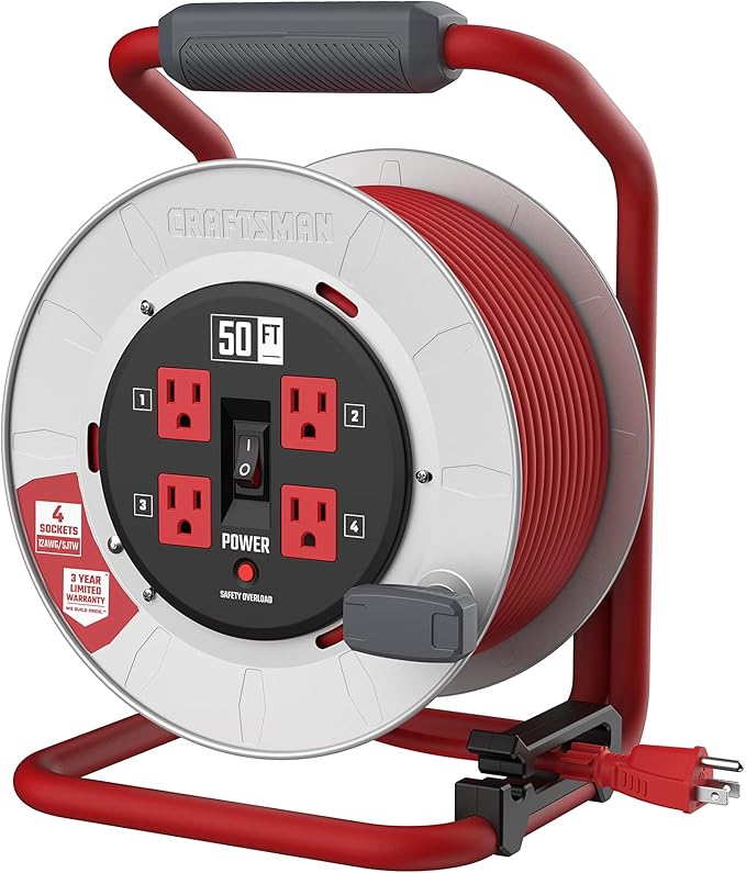 CRAFTSMAN 50 Ft. Contractor Edition Retractable Extension Cord Reel with 4 Outlets & Heavy Duty 12AWG SJTW Cable