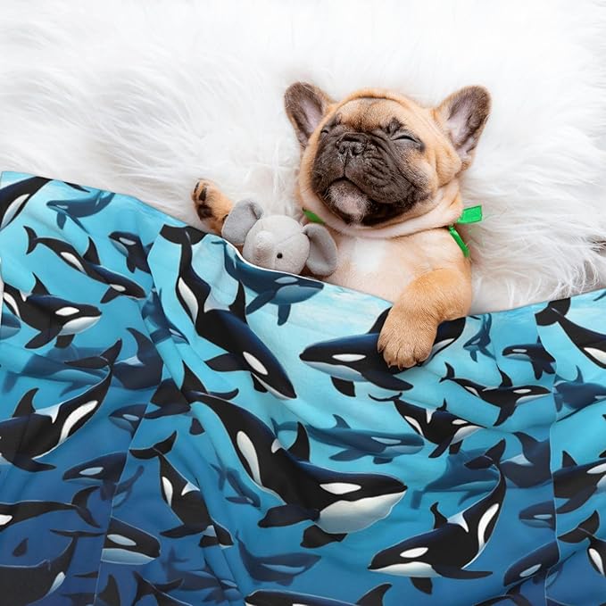 Double Sided Pet Mat for Dog Bed Topper Cat Blanket Furniture Protector, Killer Whales Orcas Ocean Sea Animals, Reversible Plush with Tactile Dot Pattern for Style Change