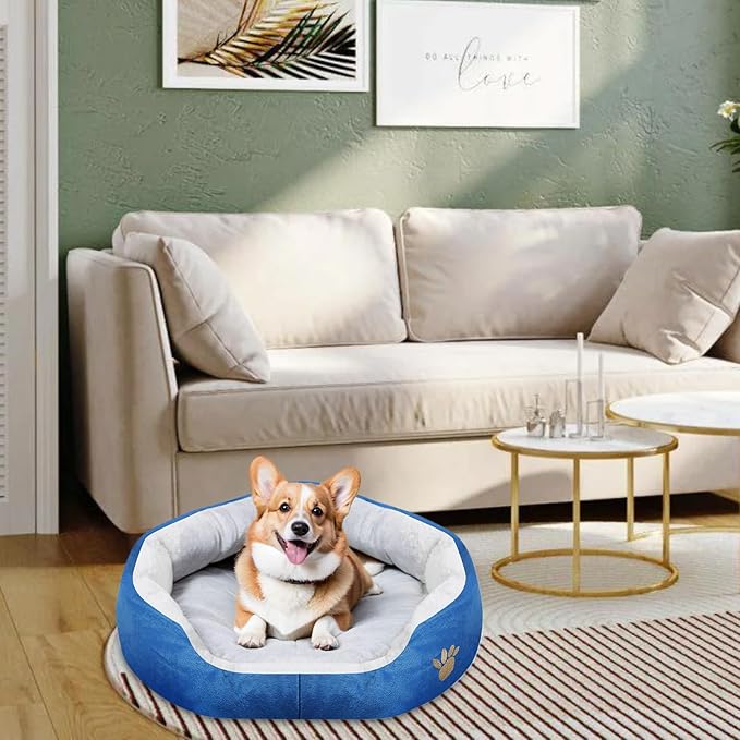 Round Dog Cat Beds Mattress Washable Pads Room, Soft Durable Plush Faux Fur Sleeping Pet Fleece Bed Mat for Small Doggy Kitten Puppy, with Anti-Slip Waterproof Bottom (Blue)
