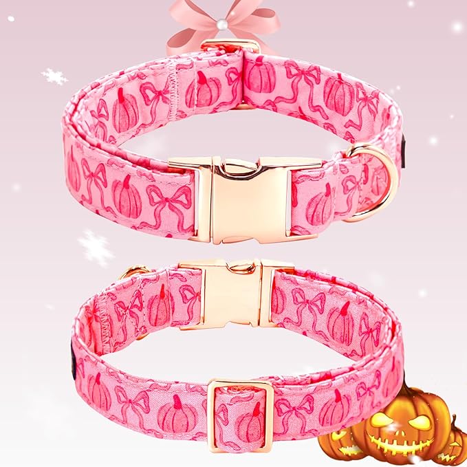 Dog Collar, Pink Pumpkin Print Adjustable Pet Collar Cute Cotton Soft Collars with Bow Tie Fall Metal Buckle Holiday Puppy Collars Boy&Girl Gift for X-Large Dogs