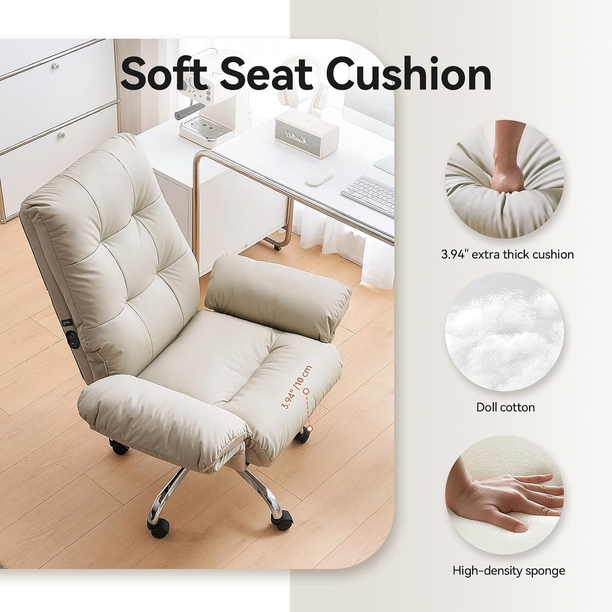 EMIAH Heated and Massage Office Chair with Foot Rest, PU Leather, Beige