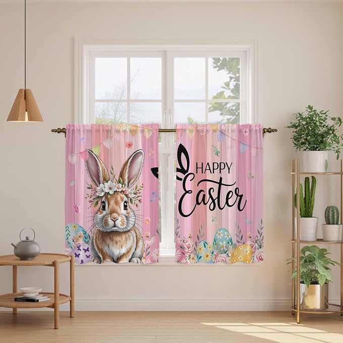 Easter Tier Curtains, Spring Rabbit Eggs Flowers Flags Leaves Wood Grain Light