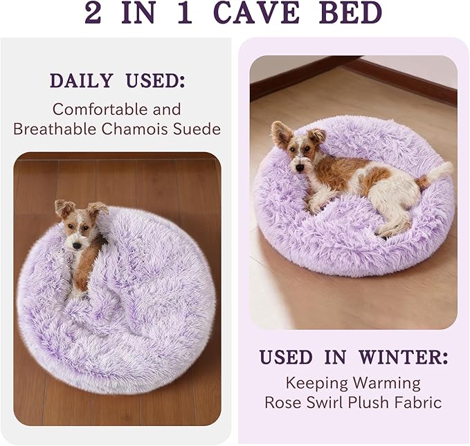 NOYAL Calming Dog Bed for Anxiety, Hooded Donut Cave with Blanket, Plush Fluffy Washable Pet Bed for Small Medium Dogs & Cats