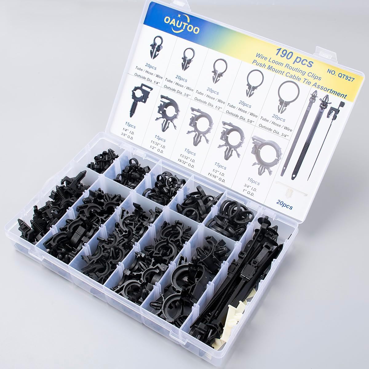 190pcs Wire Loom Routing Clips Push Mount Cable Tie Assortment