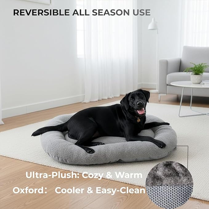 Washable Dog Bed for Medium Dogs, Reversible Plush & Oxford Medium Dog Bed for Crate, 3" Thick Cushion Kennel Mat, Machine Washable Non‑Slip Dog Bed, Fits 36 Inch Crates, Grey
