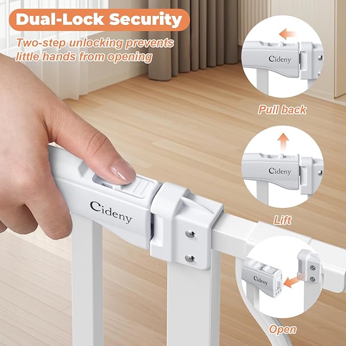 34" Extra Tall Baby Gate for Stairs, Auto Close Stroller Friendly Dog Gate Indoor for Doorways, Pressure Mounted 29"-45" Wide Baby Gate, Easy Walk Through Gate for Children & Pets, White
