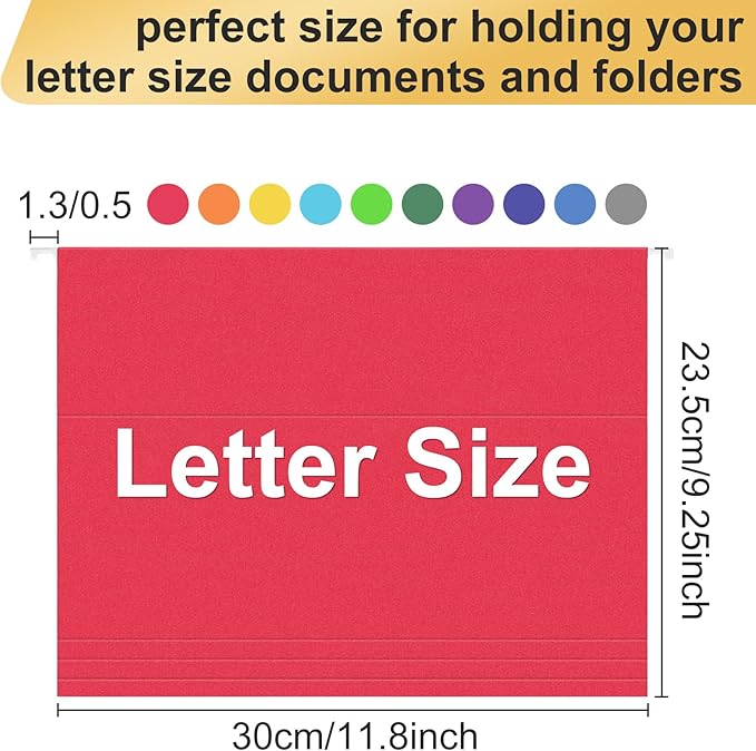 Hanging File Folders, 50 Pack Letter Size Hanging File folders with 1/5-cut Tabs, Stay Organized for Your Home and Office Bulk File, Documents and Paper, 10 Colors