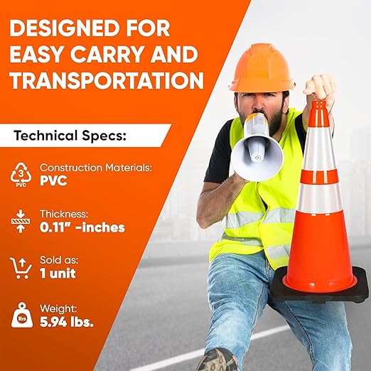 Pyle Traffic Cones, 12-Pack PVC with Heavy-Duty Base, 28" High-Visibility Safety Cones with Stackable Design for Parking, Roadwork, Construction Zones, Sports Training & Outdoor Weather-Resistant Use