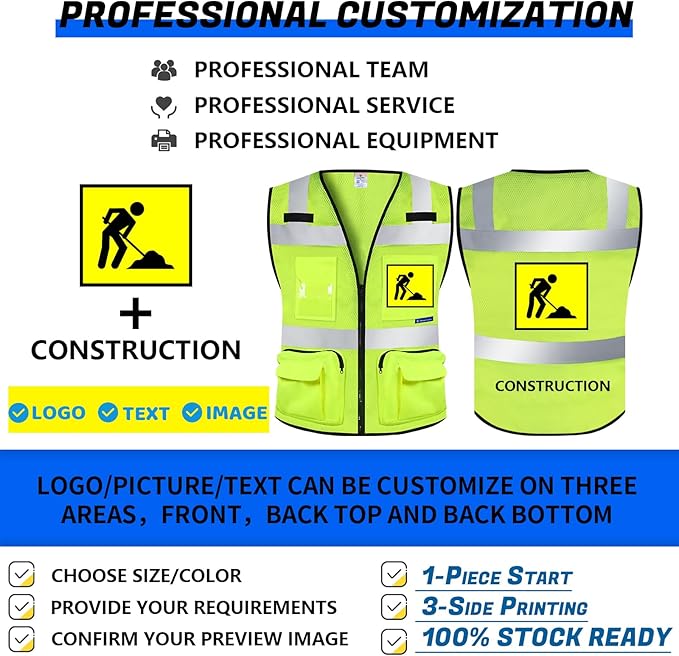 BeautyWill Custom Logo 10 Pack Safety Vest Mesh High Visibility Reflective Vest Customized Logo Utility Zipped Pockets Construction Workwear （Yellow,3XL）
