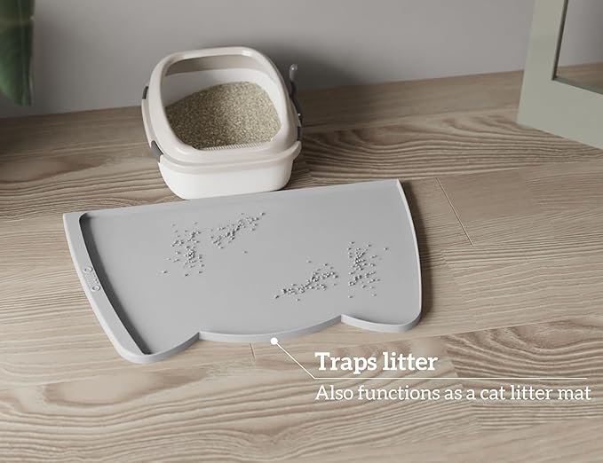 OHMO Dog Food Mat(Ash Light Grey, 24 * 15'') w/Residue Collection Pocket Silicone Pet Feeding Mat for Floor High Edges Anti Spills Waterproof Cat Water Bowl Tray, Easy Clean Placemat