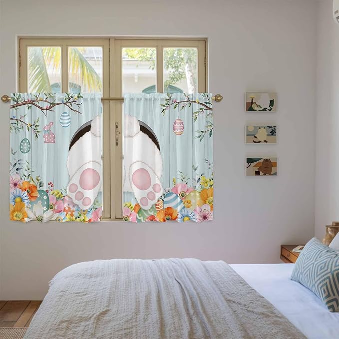 Easter Bunny Kitchen Tier Curtains 45 Inch Long 2 Panel Set, Rod Pocket Short