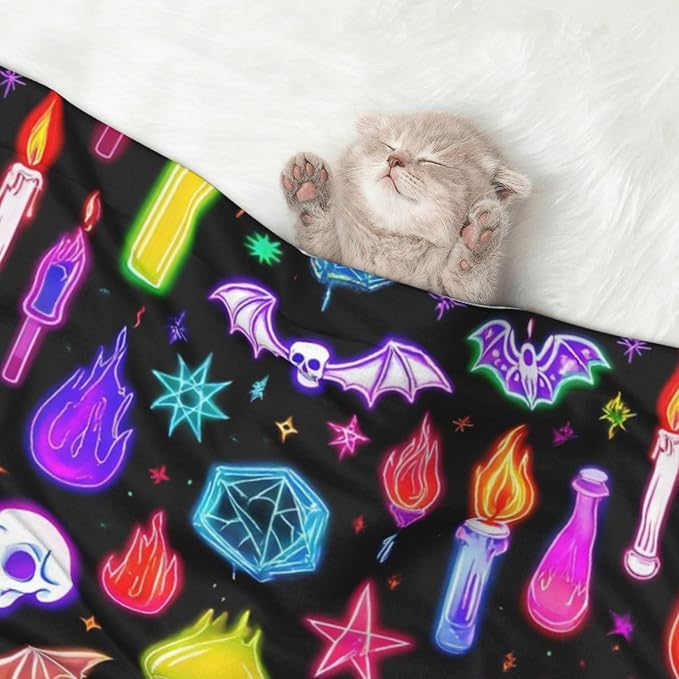 Double Sided Plush Pet Blanket with Cozy Dot Texture and Smooth Reverse, Halloween Goth Skull Bat Mushroom Witchy Witch, Reversible Throw for Dogs Cats on Couches Beds Crates