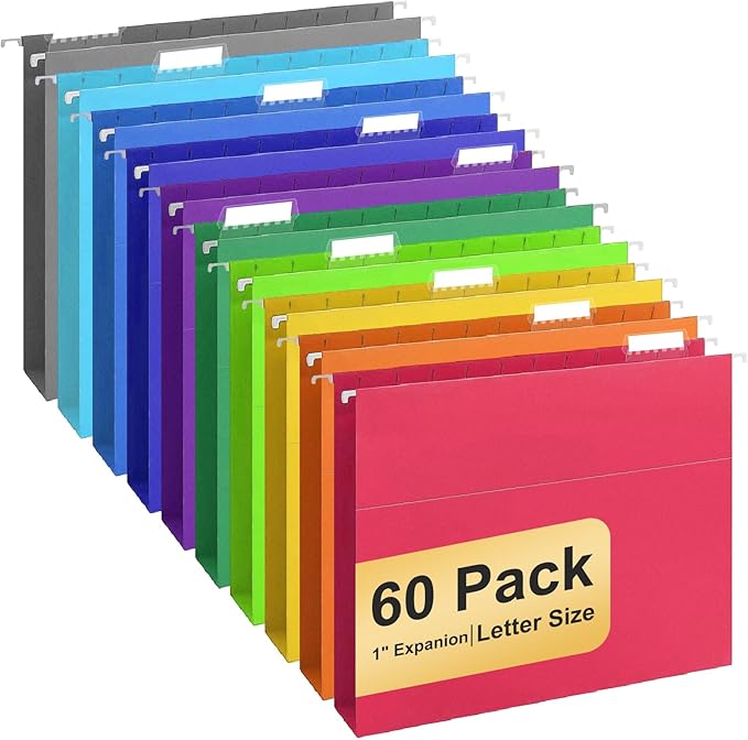 Hanging File Folders, 60 Pack Letter Size Hanging File folders with Tabs, Stay Organized for Your Home and Office Bulk File, Documents and Paper, 10 Colors